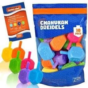 10 Pack Medium Plastic Dreidels w/English Transliteration - Ziplock