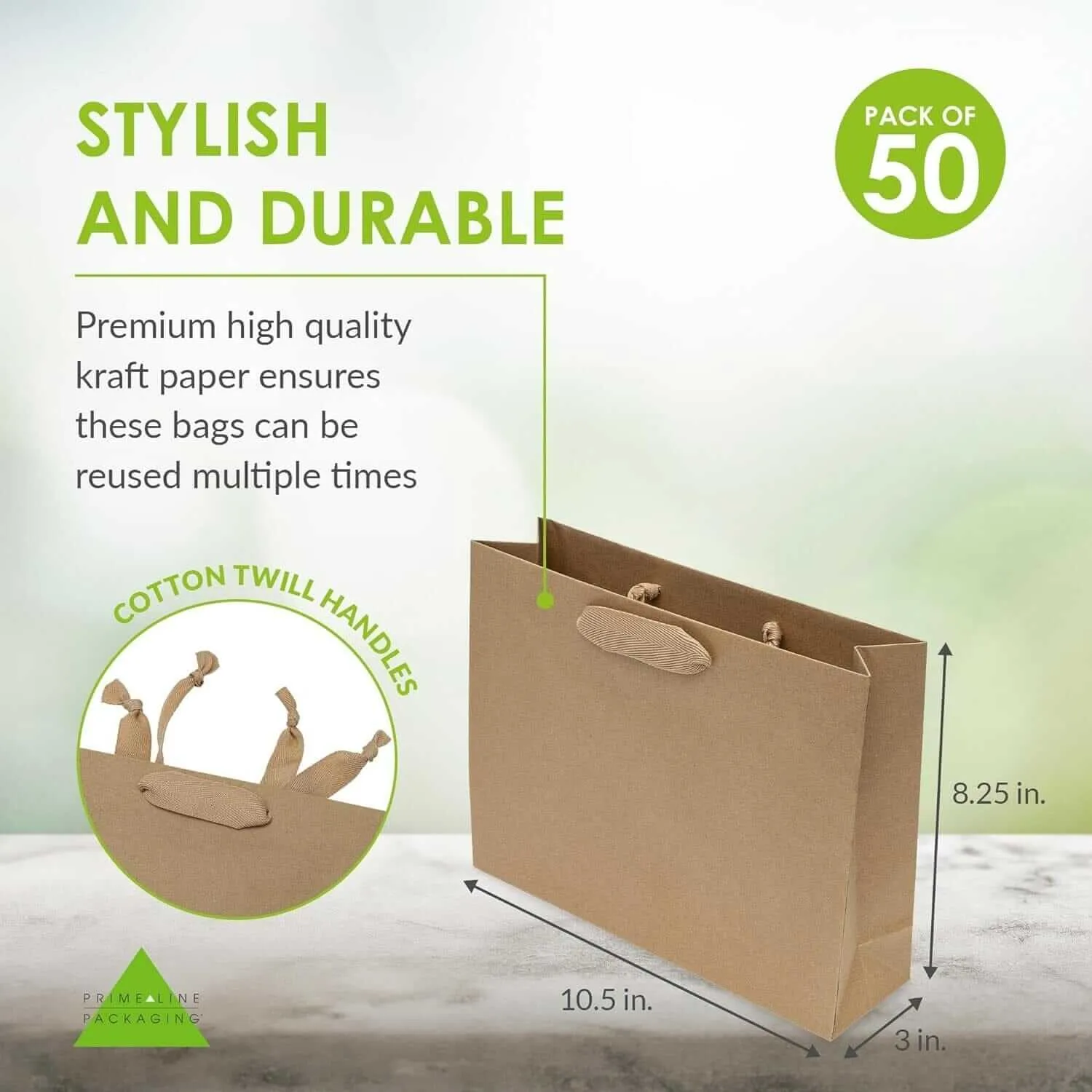 10.5x3x8.25 Medium Brown Paper Bags with Ribbon Handles