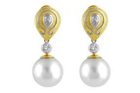 18k White Yellow Gold South Sea Pearl Earrings with Art Setting