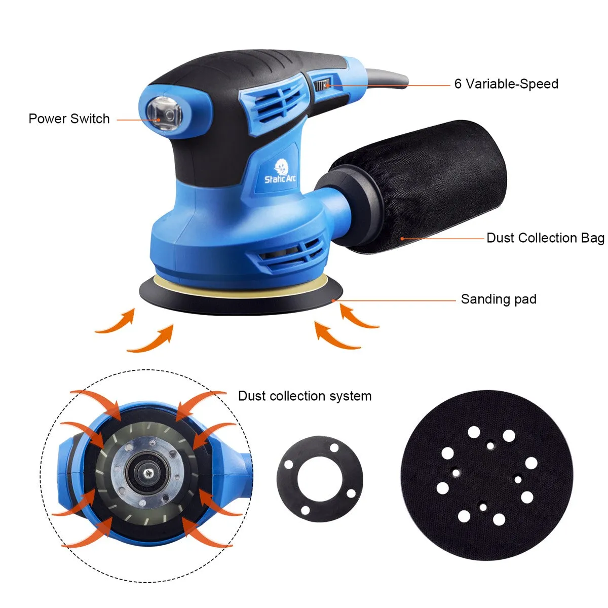 280W ELECTRIC RANDOM ORBITAL SANDER ROTARY PALM CIRCULAR DISC 125mm