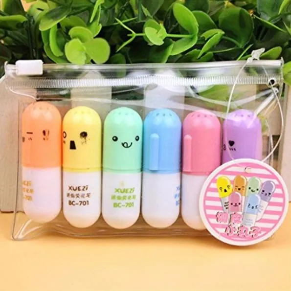 6-Piece: Cute Pill Shape Mini Highlighter Marker