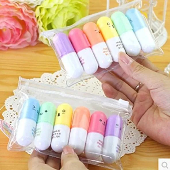 6-Piece: Cute Pill Shape Mini Highlighter Marker