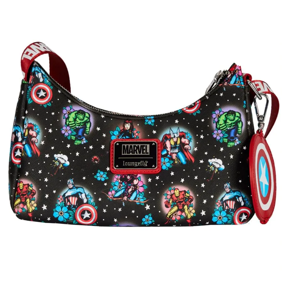 6" Marvel - Avengers Floral Tattoo with Coin Bag Faux Leather Crossbody Bag Loungefly