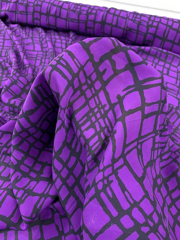 Abstract Lattice-Plaid Printed Silk Georgette - Purple / Black