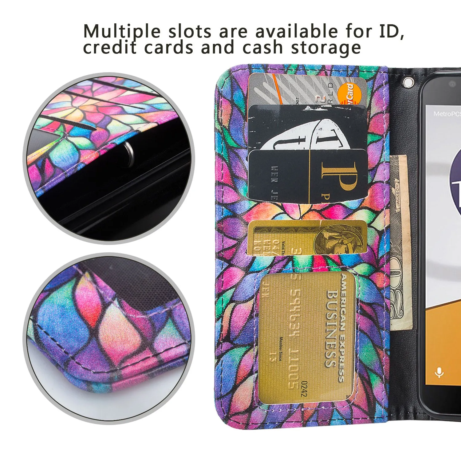 Alcatel Fierce XL2 Case, Fierce XL2 Wallet Case, Wrist Strap Pu Leather Wallet Case [Kickstand] with ID & Credit Card Slots - Rainbow Flower