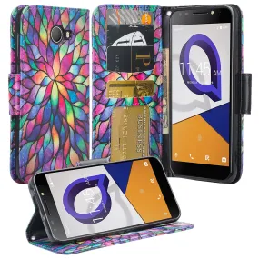 Alcatel Fierce XL2 Case, Fierce XL2 Wallet Case, Wrist Strap Pu Leather Wallet Case [Kickstand] with ID & Credit Card Slots - Rainbow Flower