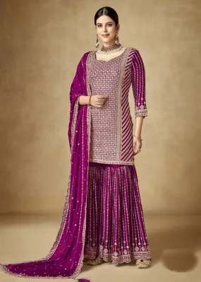 Alluring Magenta Purple Zari & Sequins Embroidered Gharara Suit