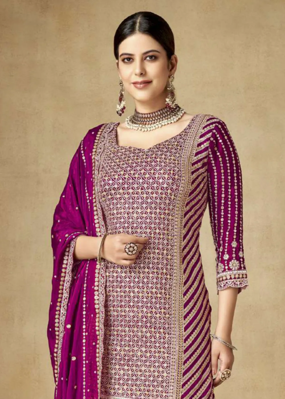 Alluring Magenta Purple Zari & Sequins Embroidered Gharara Suit