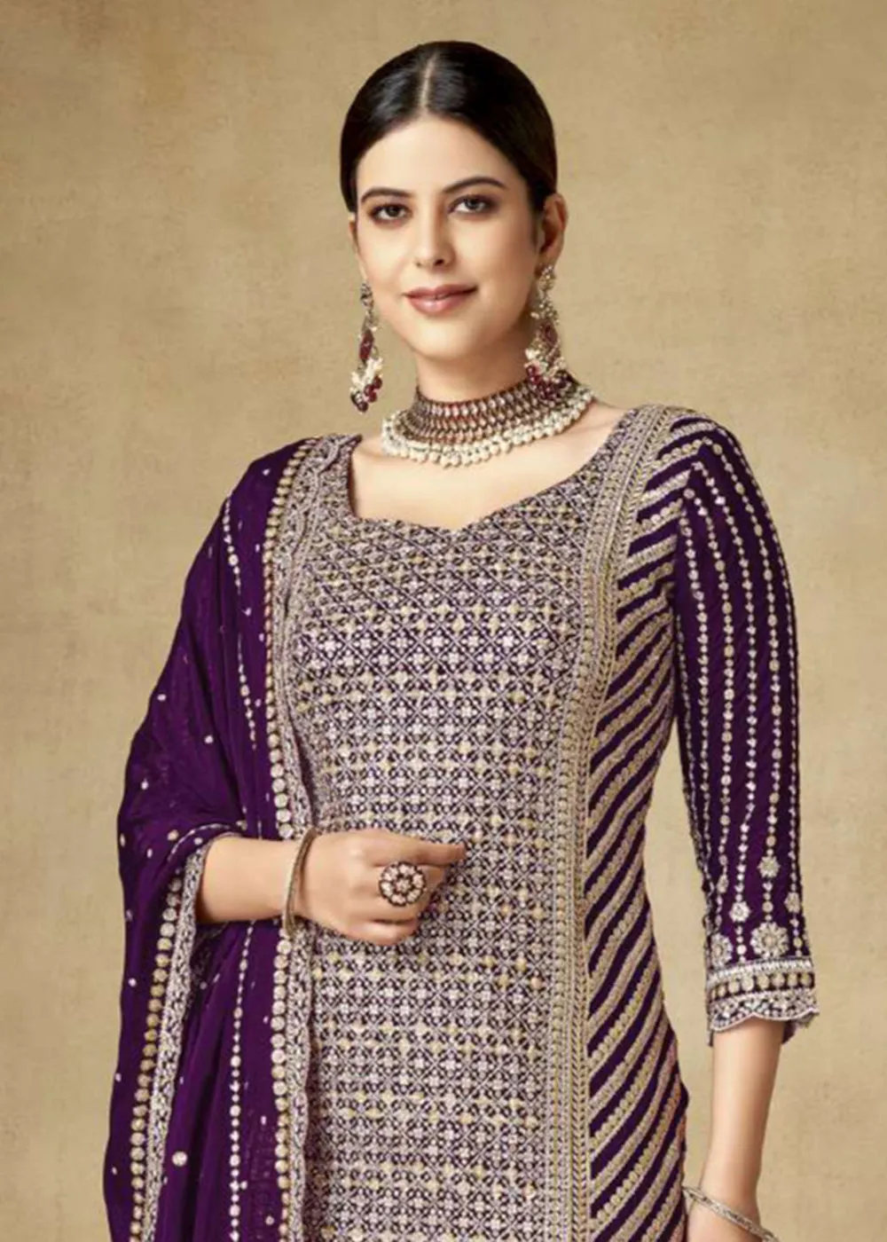 Alluring Purple Zari & Sequins Embroidered Gharara Suit