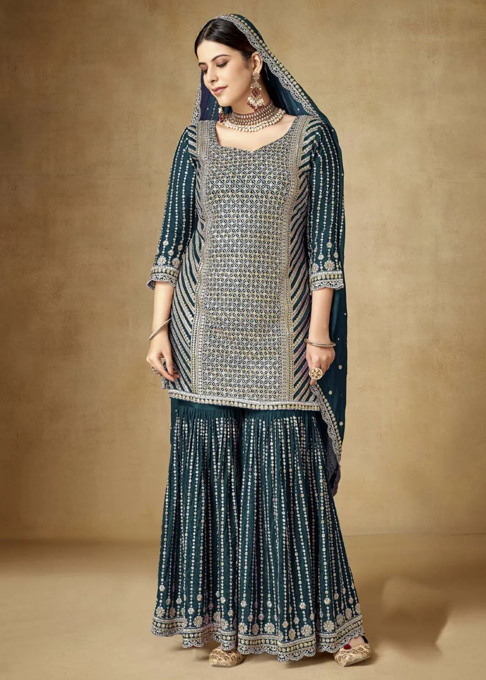 Alluring Teal Zari & Sequins Embroidered Gharara Suit