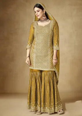 Alluring Yellow Zari & Sequins Embroidered Gharara Suit