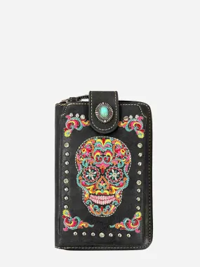 American Bling Embroidered Sugar Skull Crossbody Phone Wallet