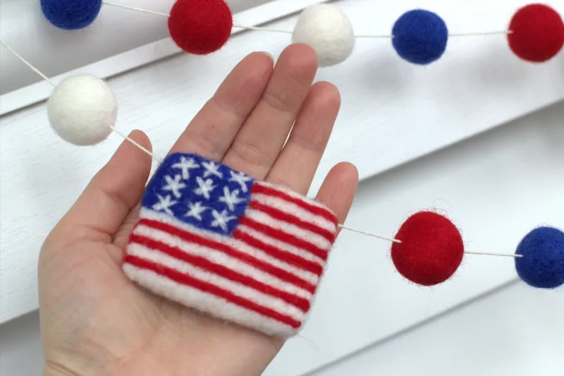 American Flag Garland with Felt Balls- Red White Blue