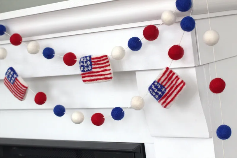 American Flag Garland with Felt Balls- Red White Blue