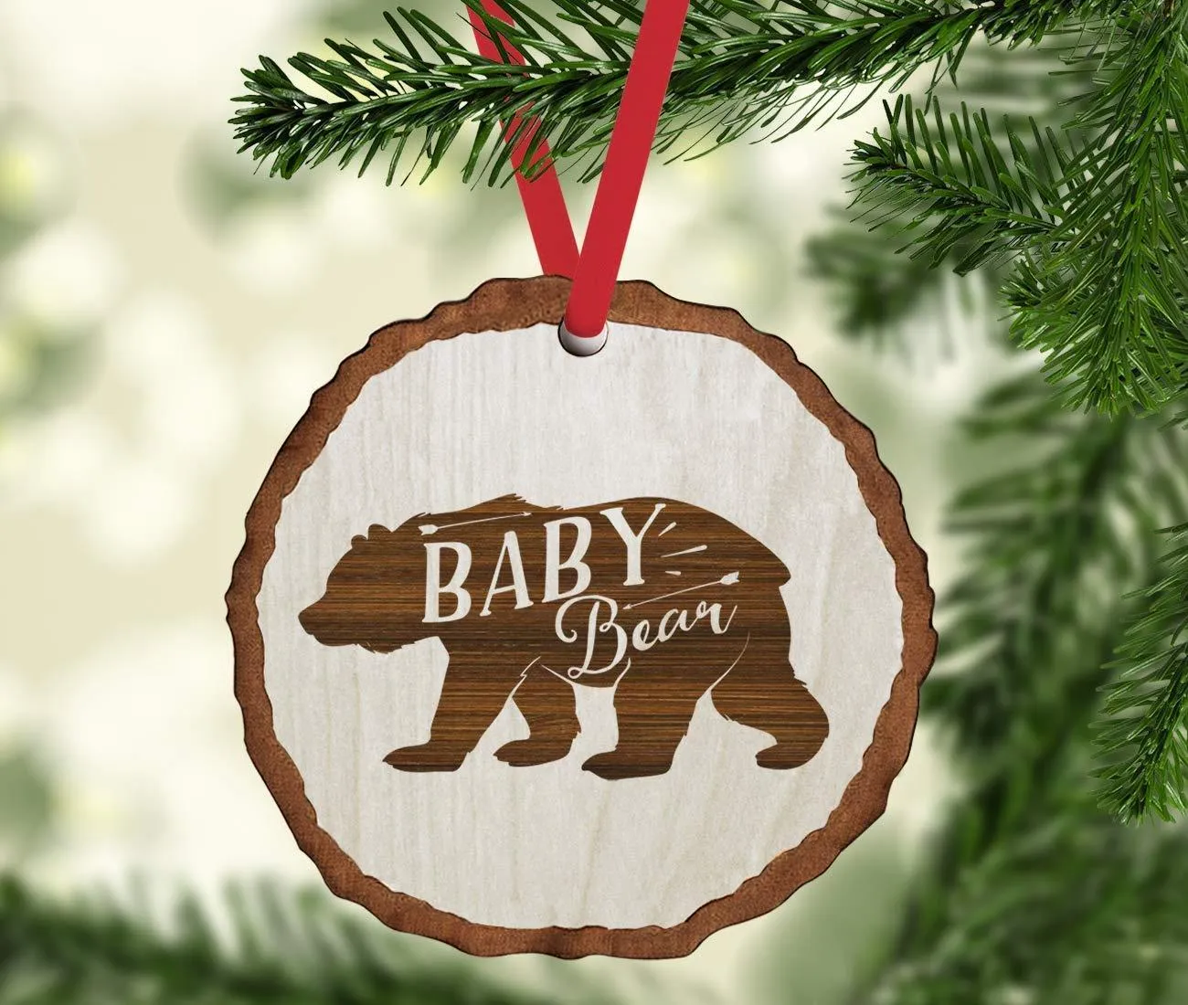 Andaz Press Real Wood Rustic Christmas Ornament, Engraved Wood Slab, Baby Bear