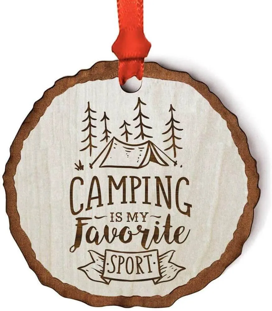 Andaz Press Real Wood Rustic Christmas Ornament, Engraved Wood Slab, Camping is My Favorite Sport