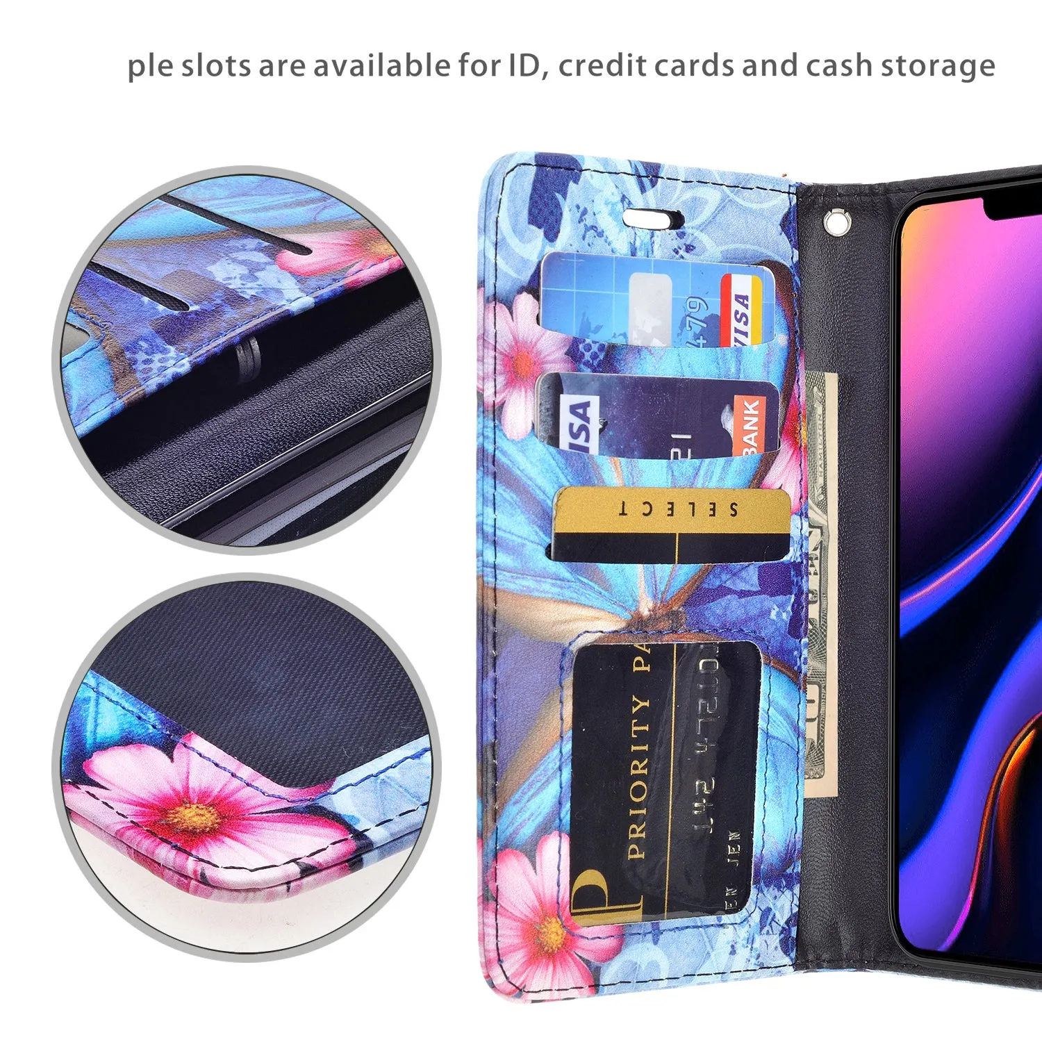 Apple iPhone 11 Pro Max Case, iPhone 11 Pro Max Wallet Case, Wrist Strap Pu Leather Wallet Case [Kickstand] with ID & Credit Card Slots - Blue Butterfly