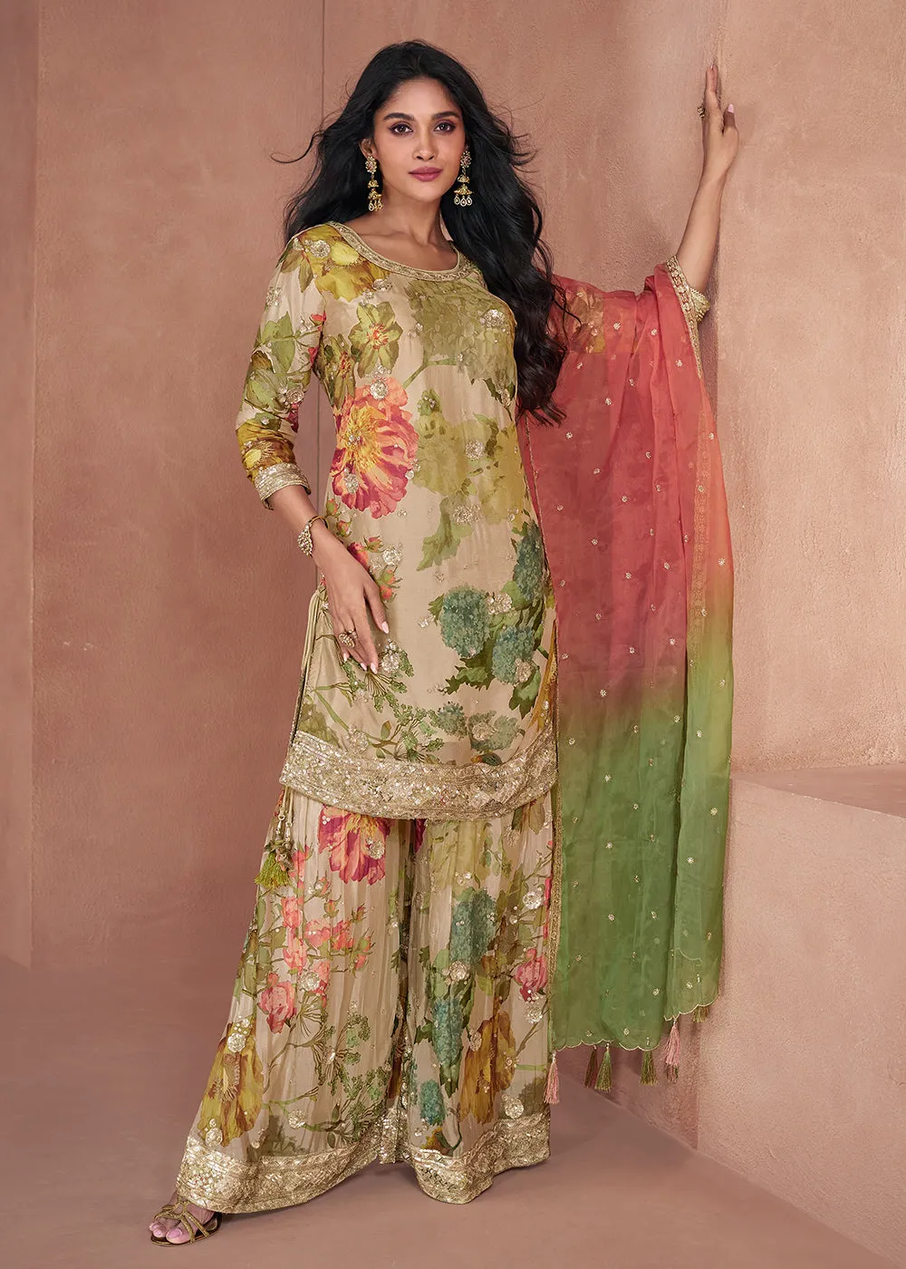 Beige & Multicolor Real Georgette Printed Gharara Suit