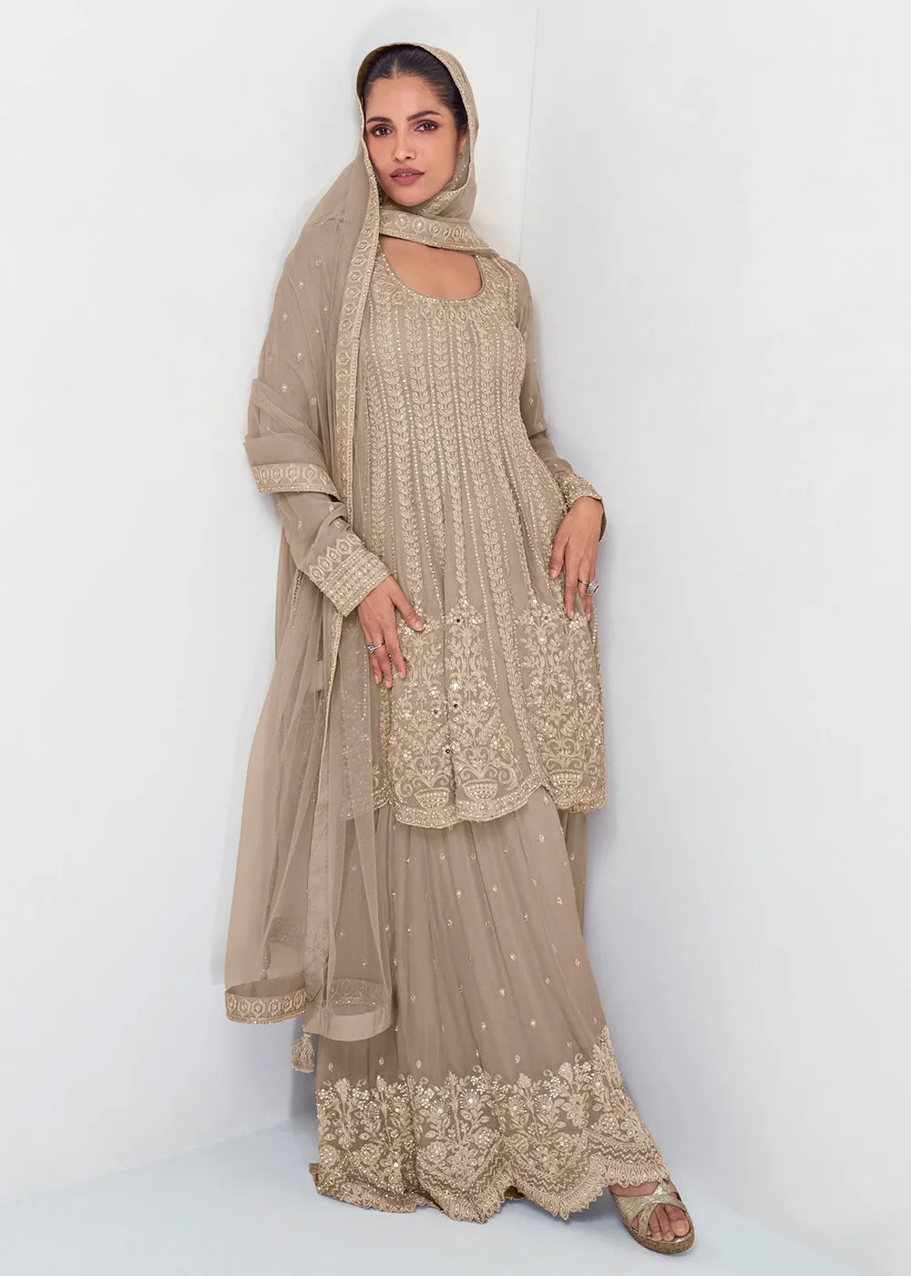 Beige Designer Embroidered Wedding Sharara Suit