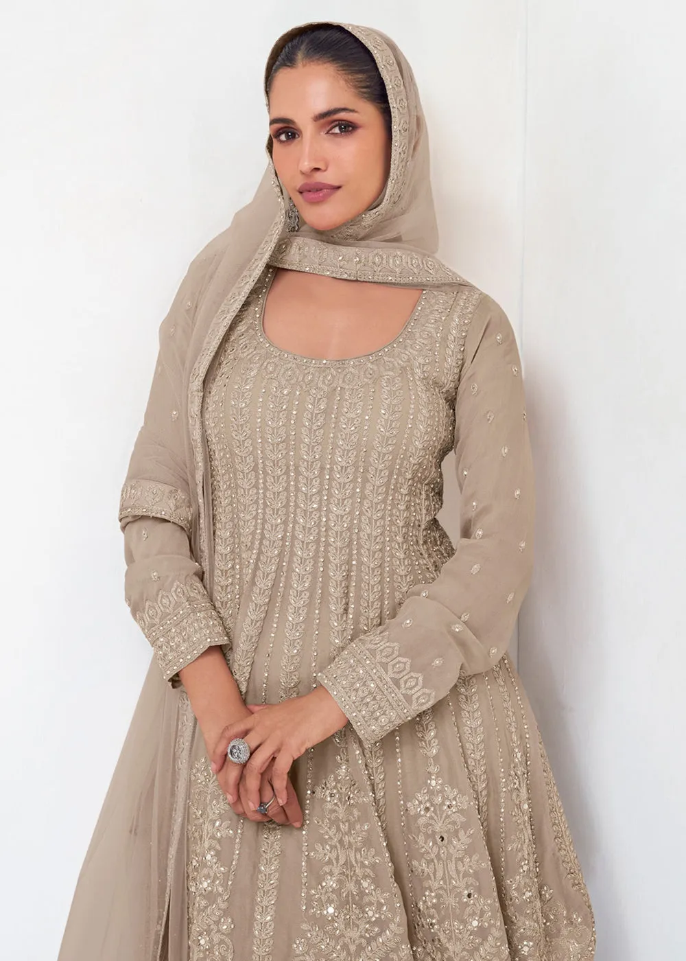 Beige Designer Embroidered Wedding Sharara Suit