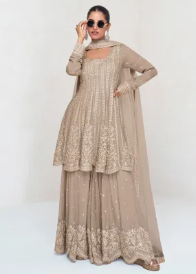 Beige Designer Embroidered Wedding Sharara Suit