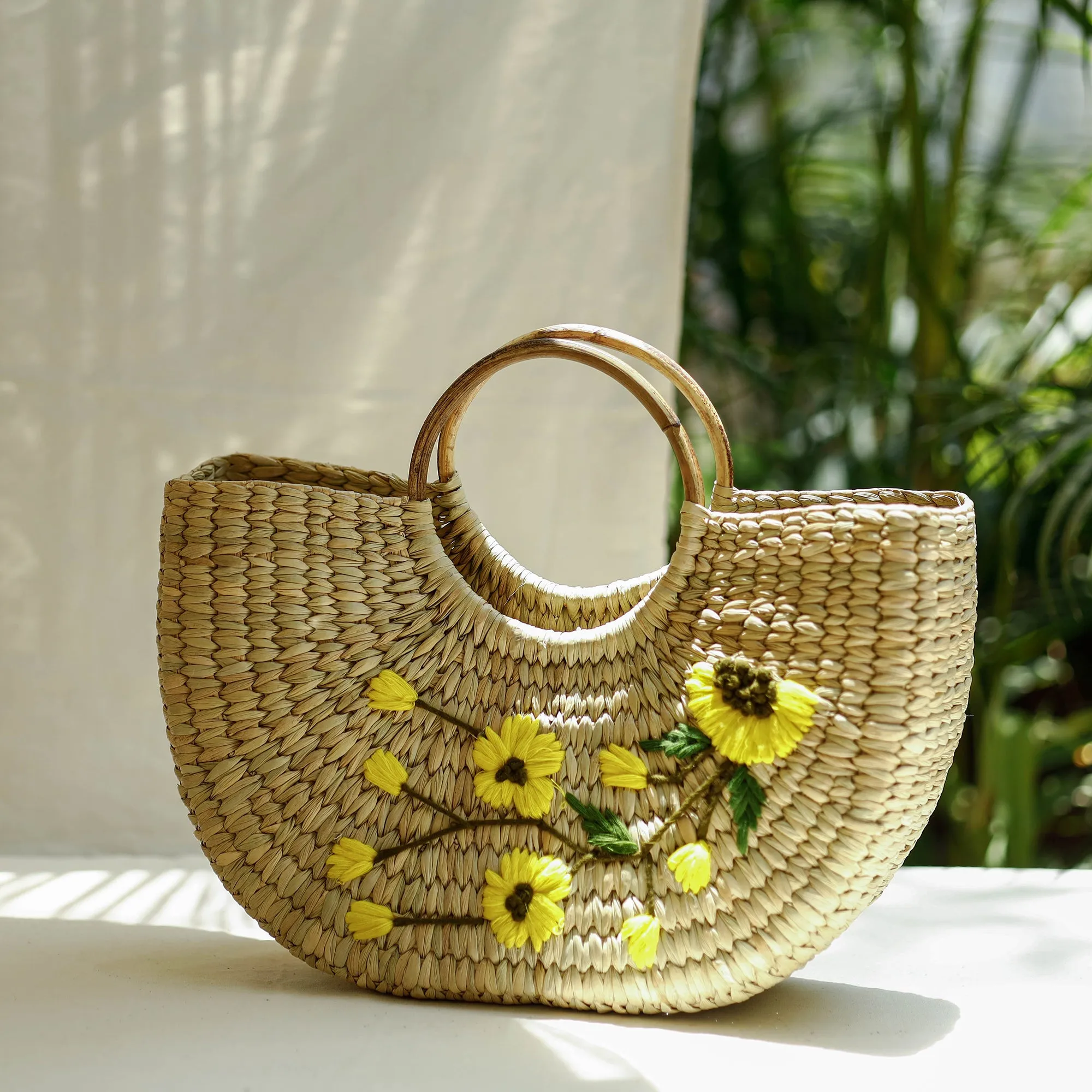 Beige - Handcrafted Natural Water Reed Embroidered Hand Bag