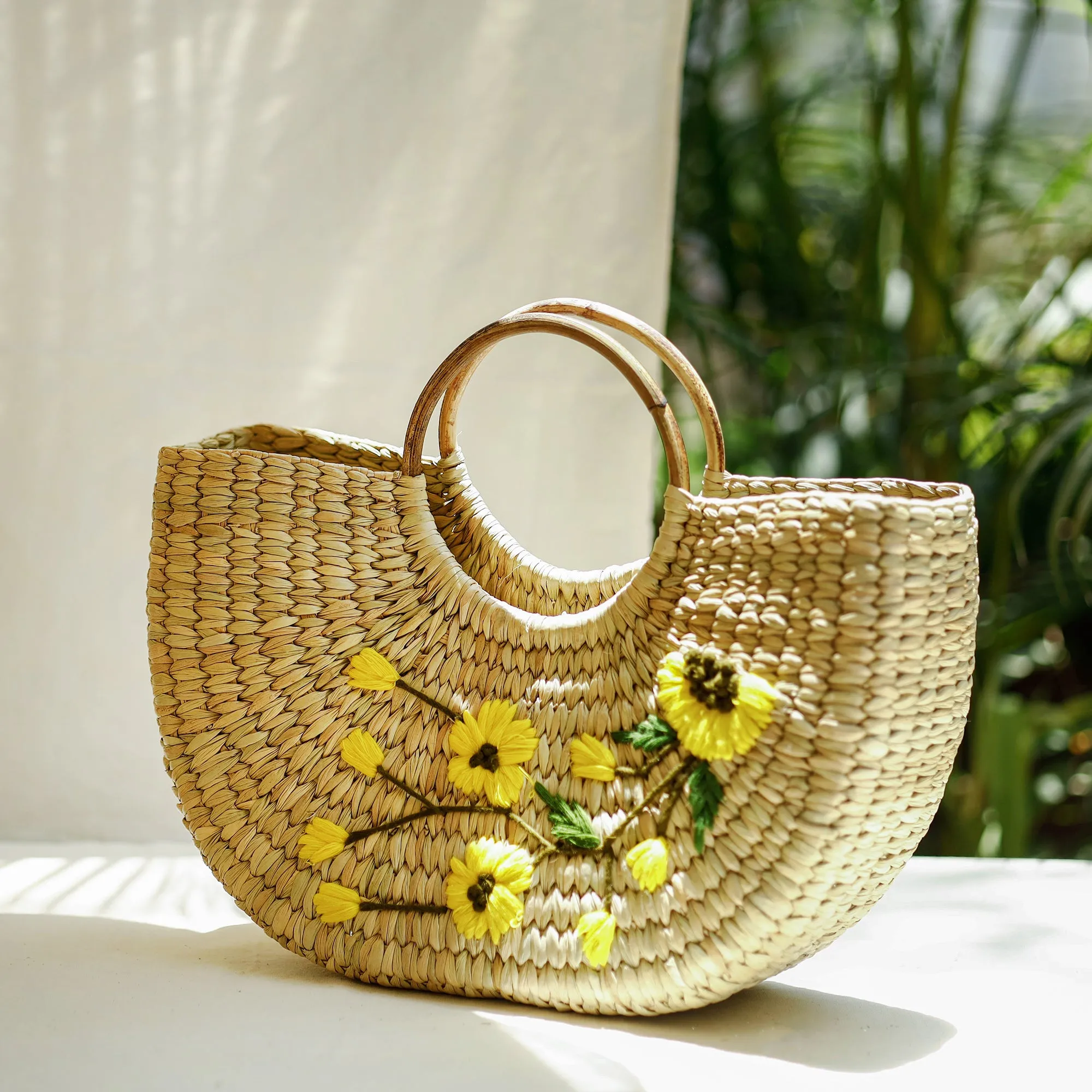 Beige - Handcrafted Natural Water Reed Embroidered Hand Bag