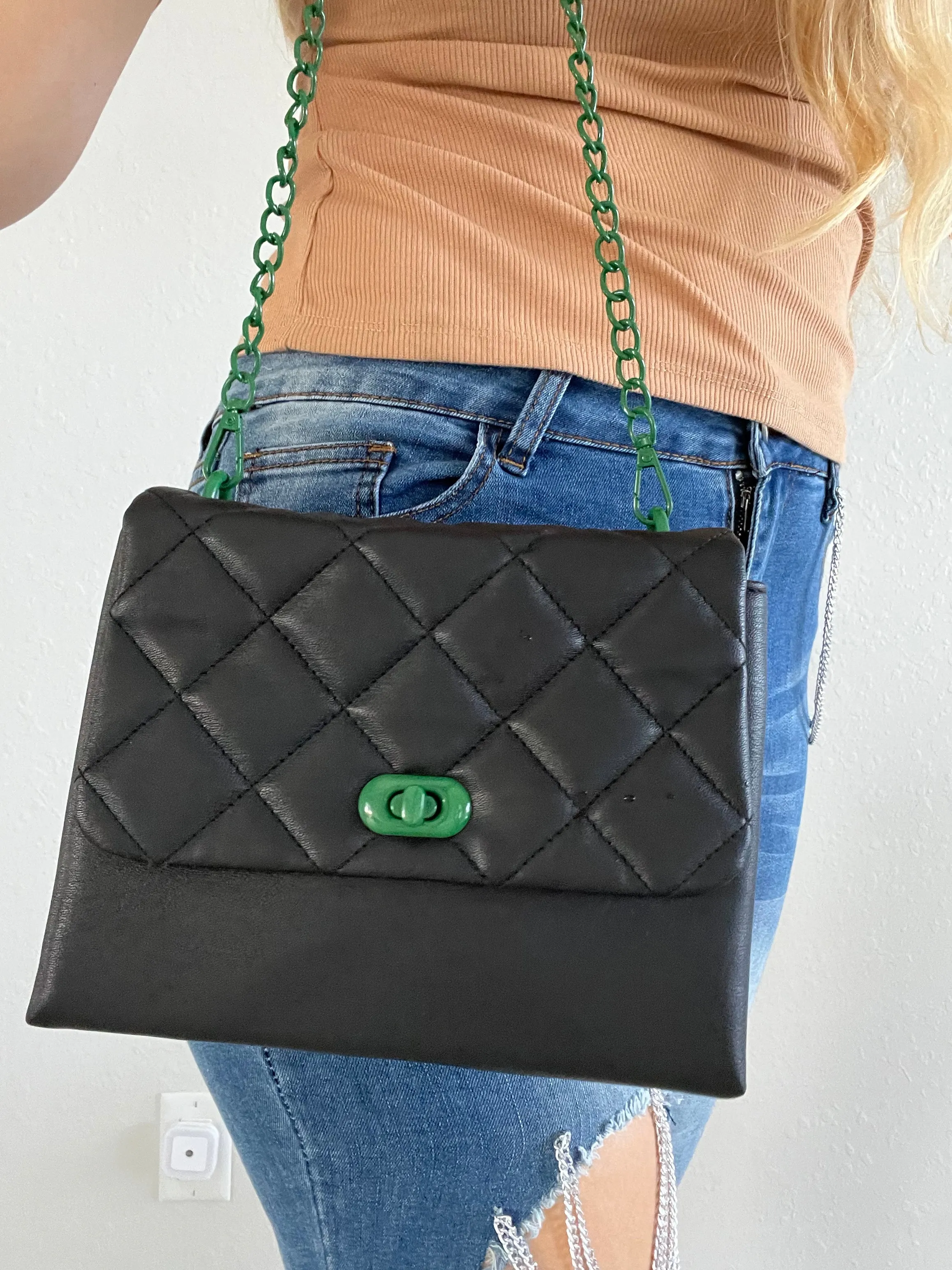 Black and Green Quilted Square Chain Purse