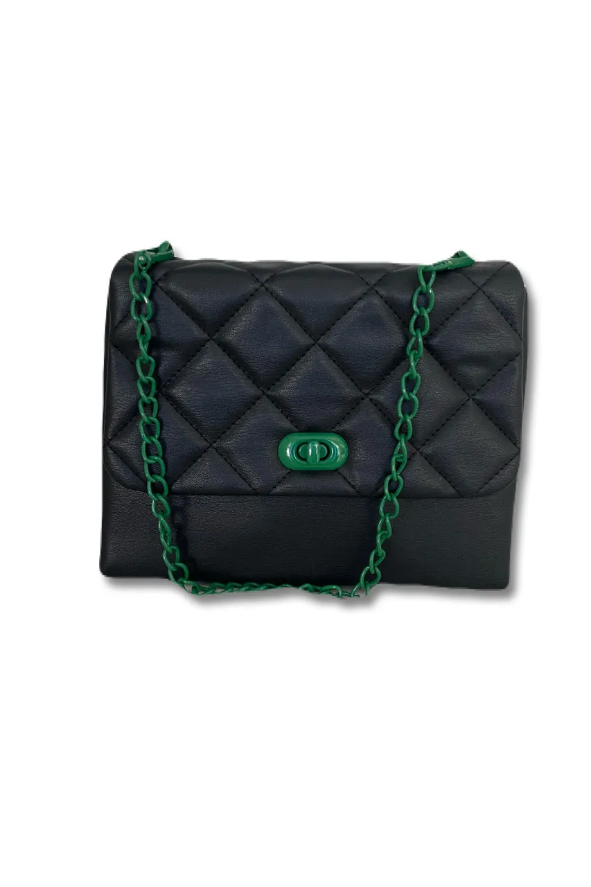 Black and Green Quilted Square Chain Purse