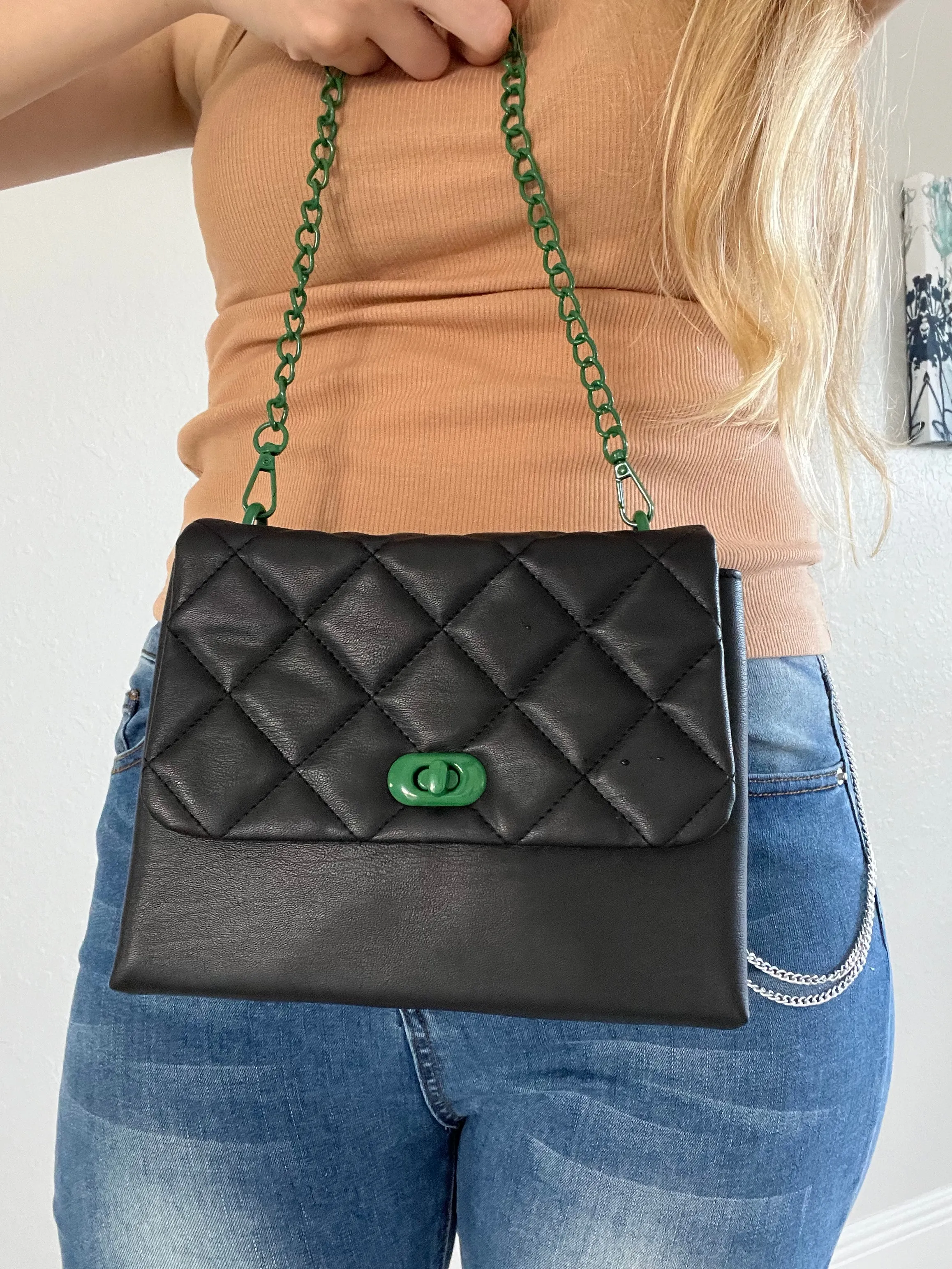 Black and Green Quilted Square Chain Purse