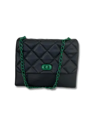 Black and Green Quilted Square Chain Purse