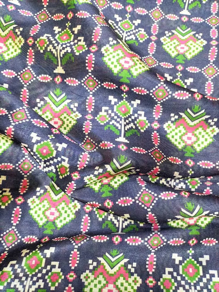 Black Digital Printed Tussar Silk Patola Design Fabric ( 1 Mtr )