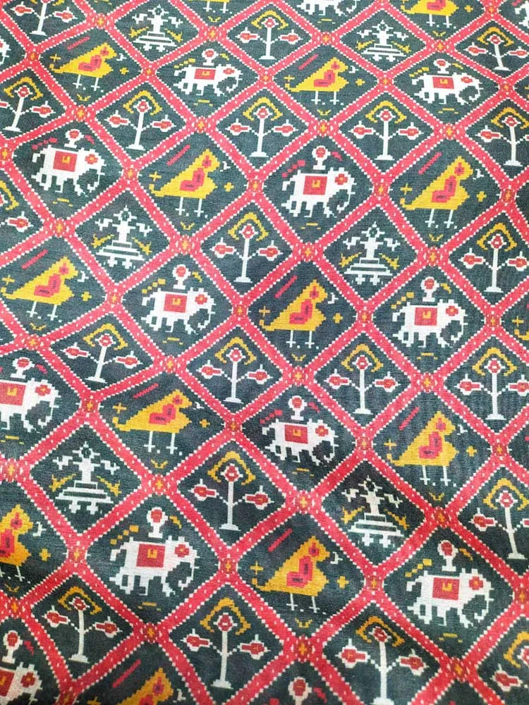 Black Digital Printed Tussar Silk Patola Design Fabric ( 1 Mtr )