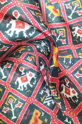 Black Digital Printed Tussar Silk Patola Design Fabric ( 1 Mtr )