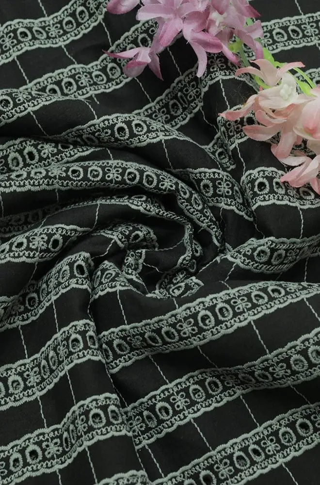 Black Embroidered Chikankari Cotton Fabric (1 Mtr)