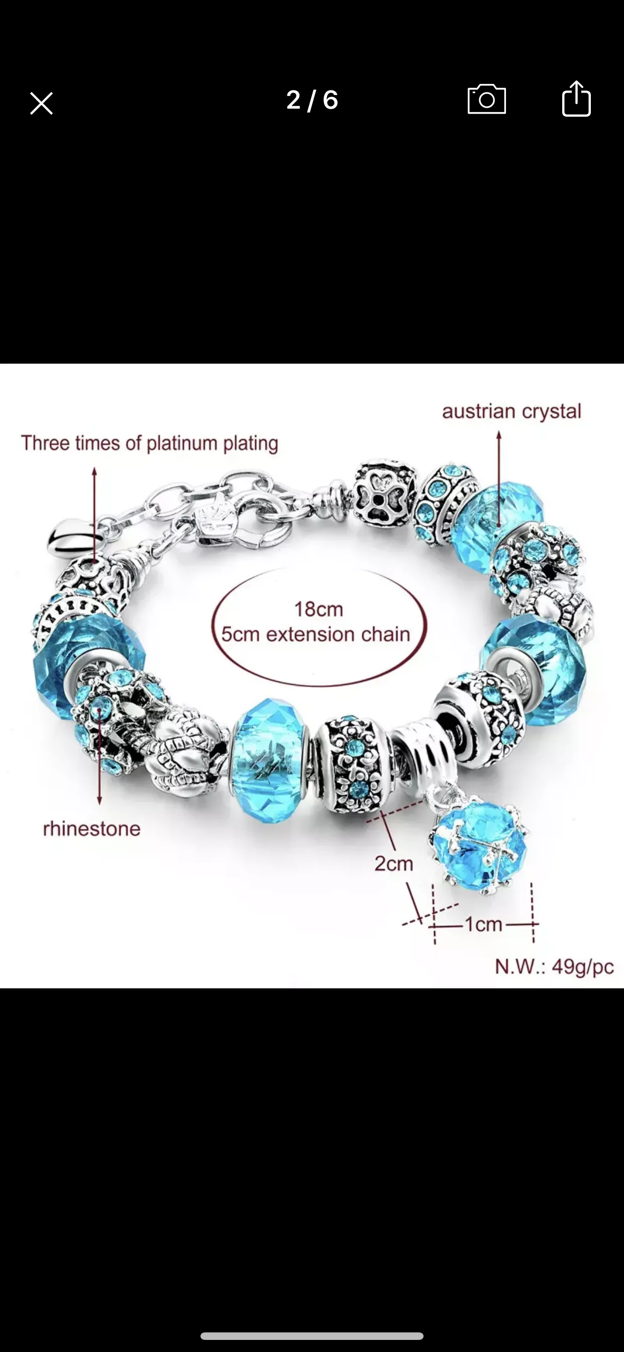 Blue crystal European style charm bracelet