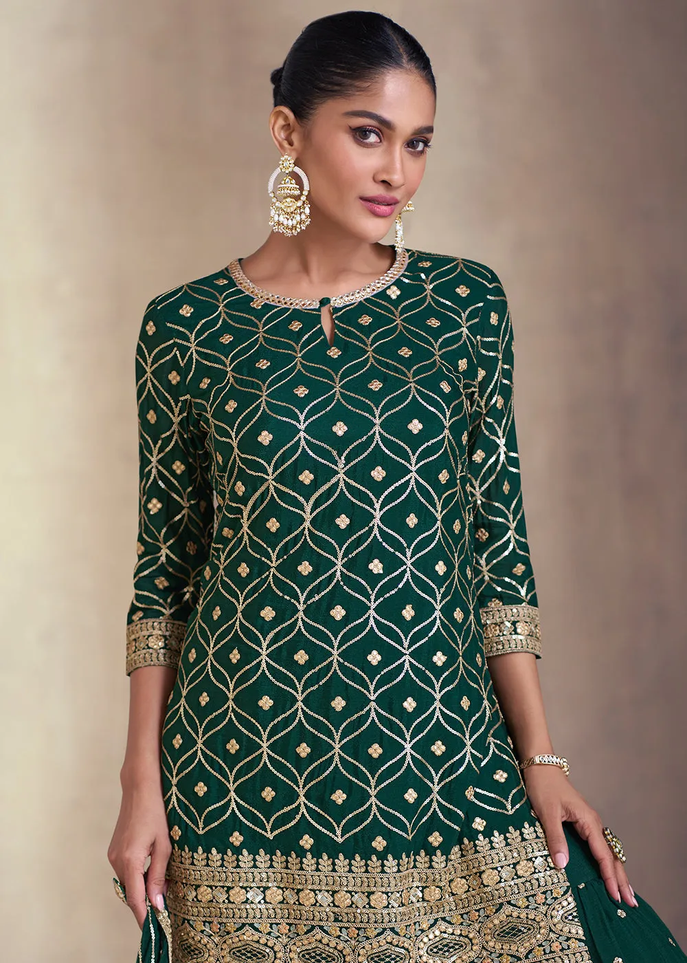 Bottle Green Embroidered Festive Sharara Style Suit