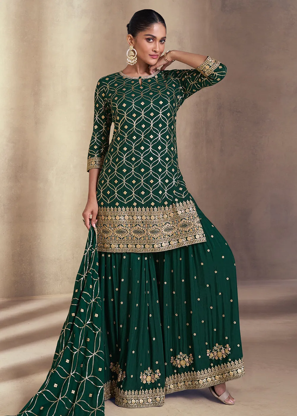 Bottle Green Embroidered Festive Sharara Style Suit