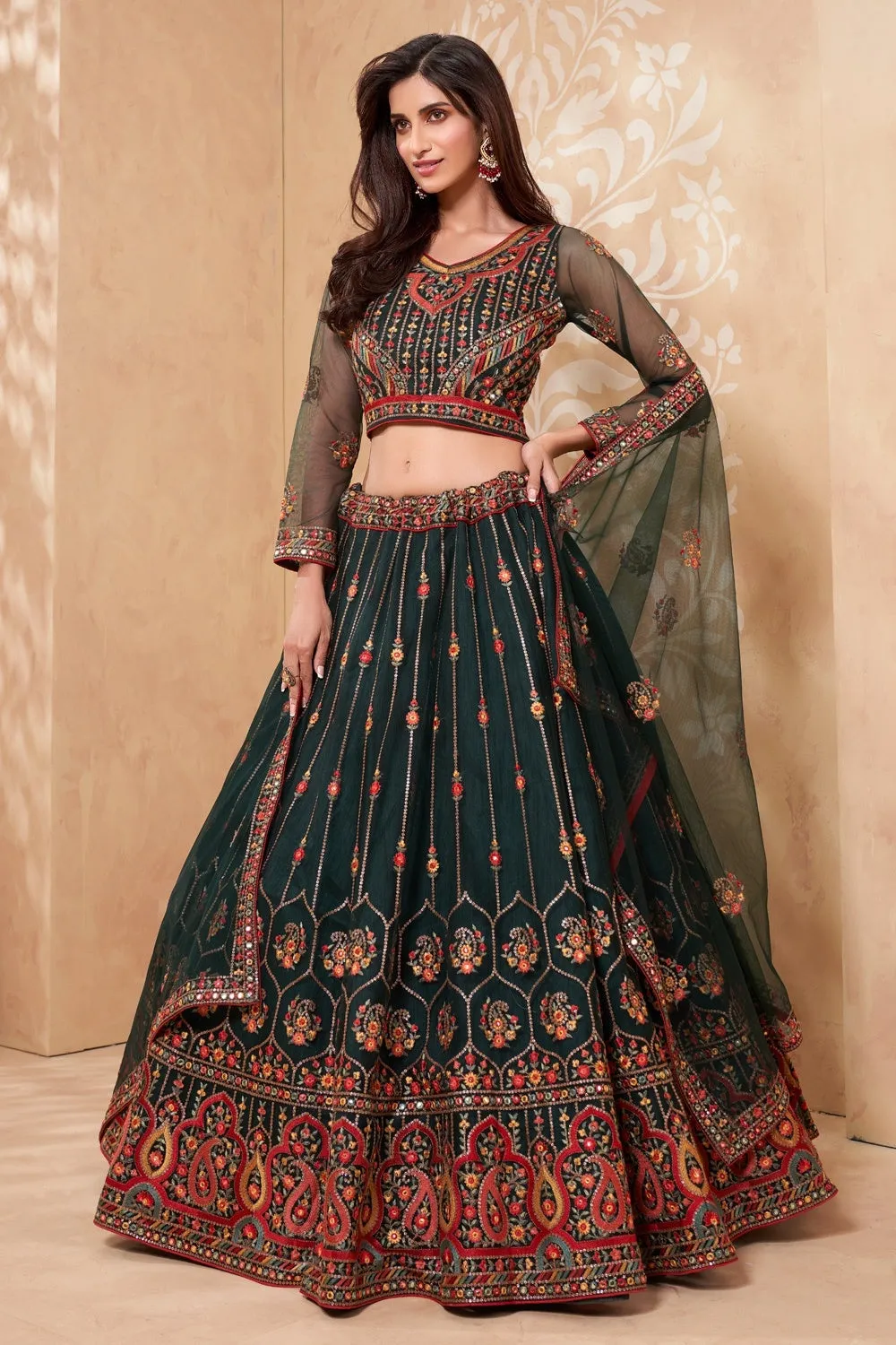 Bridal Bottle Green A Line All Embroidered Lehenga Choli