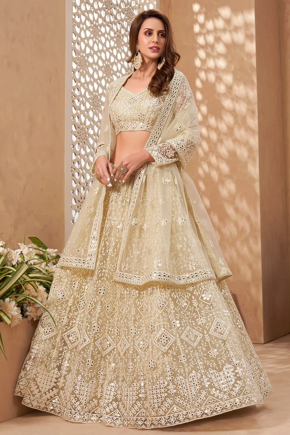 Bridal Classy Cream A Line All Embroidered Lehenga Choli