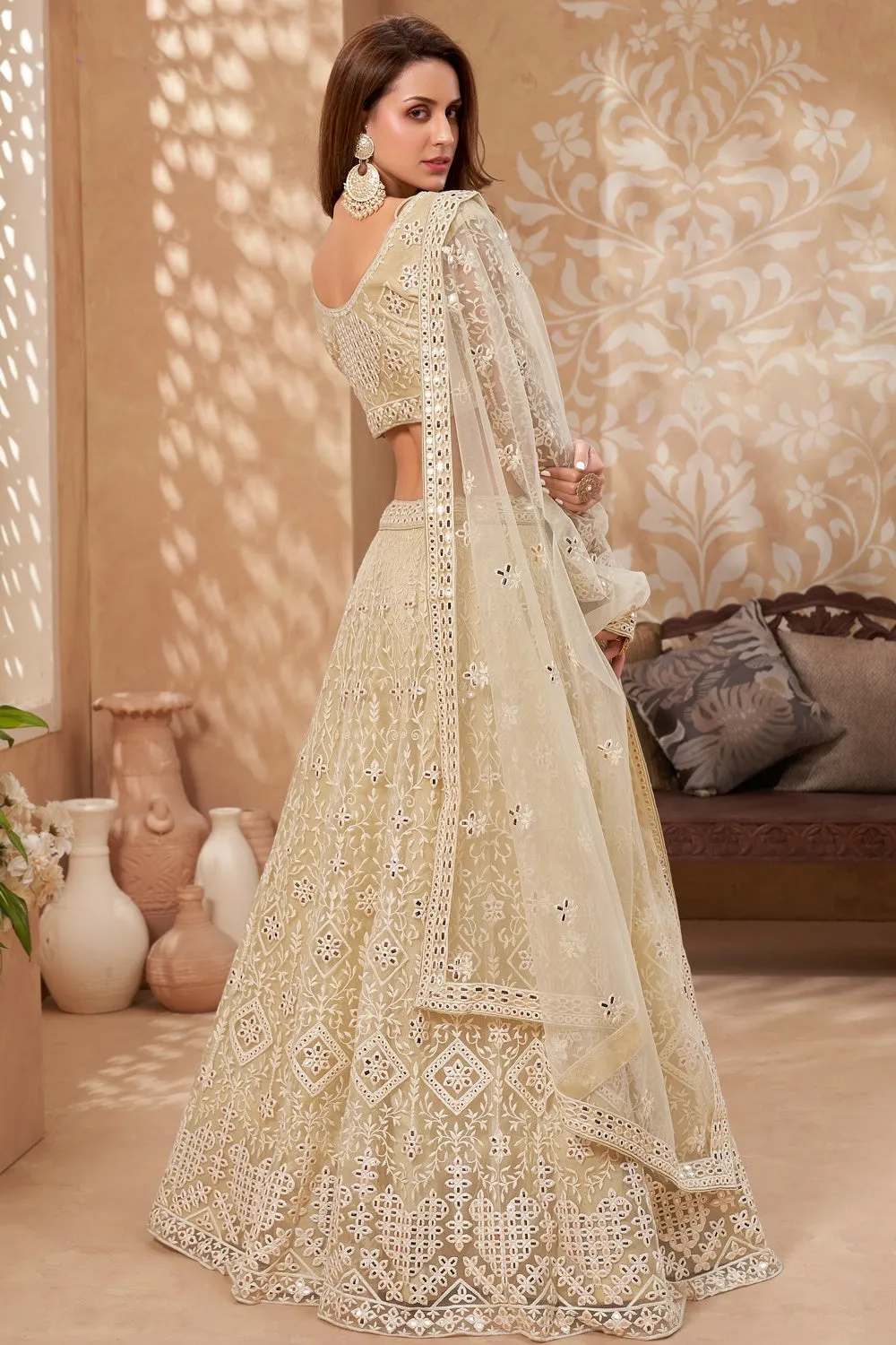 Bridal Classy Cream A Line All Embroidered Lehenga Choli