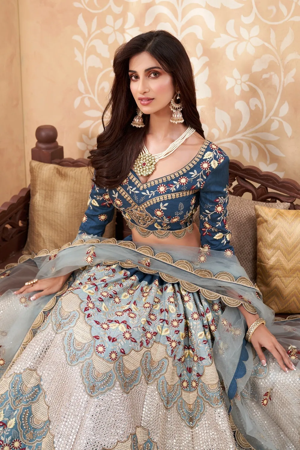 Bridal Cream & Blue A Line All Embroidered Lehenga Choli