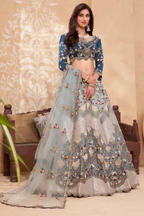 Bridal Cream & Blue A Line All Embroidered Lehenga Choli