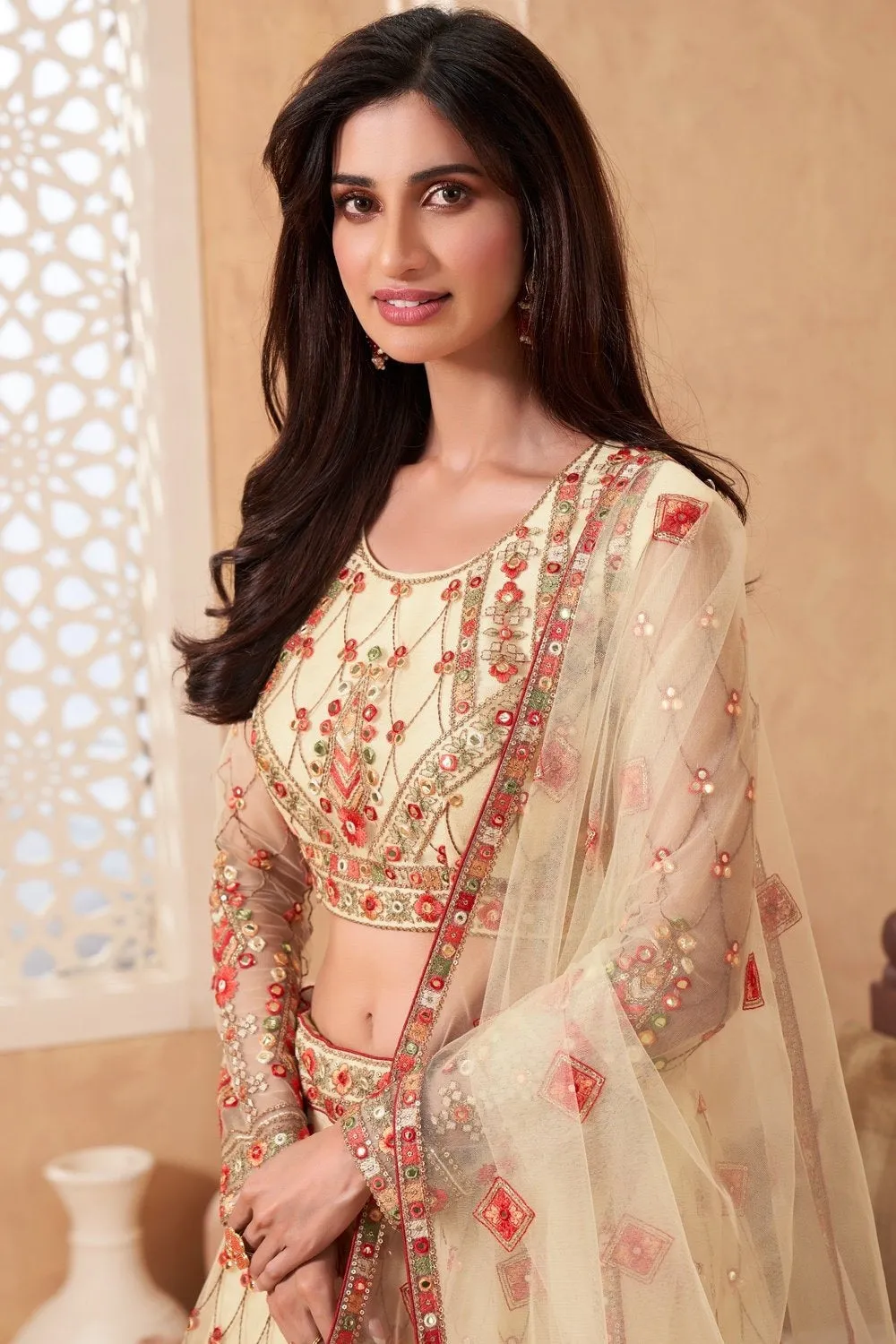 Bridal Pale Yellow A Line All Embroidered Lehenga Choli