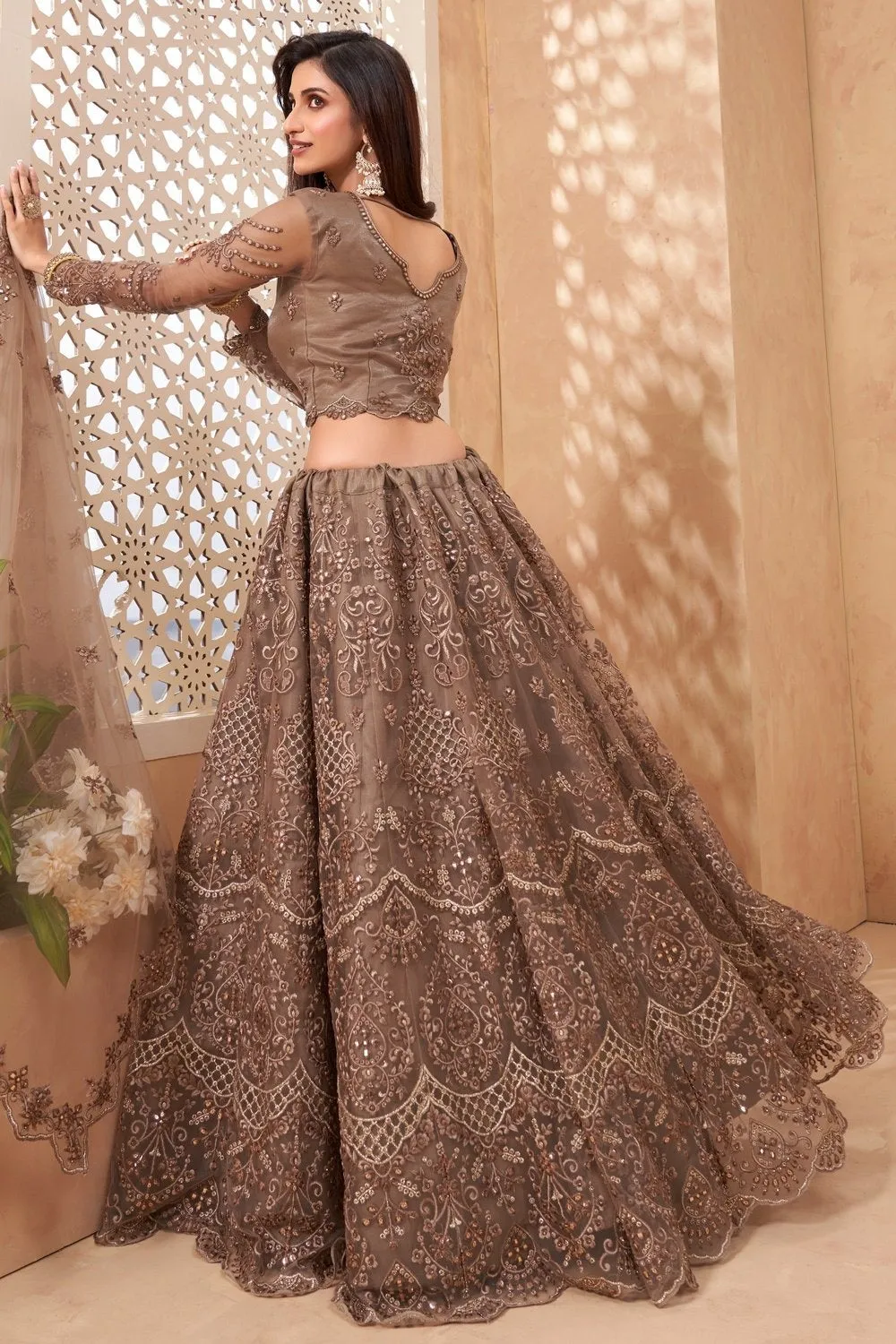 Bridal Trendy Brown A Line All Embroidered Lehenga Choli