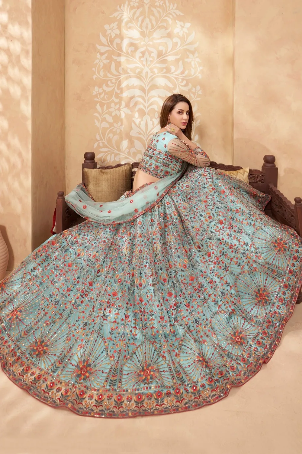 Bridal Turquoise Blue A Line All Embroidered Lehenga Choli