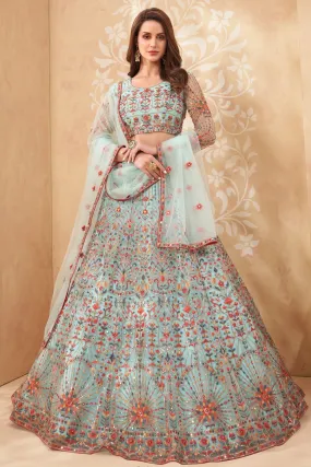 Bridal Turquoise Blue A Line All Embroidered Lehenga Choli