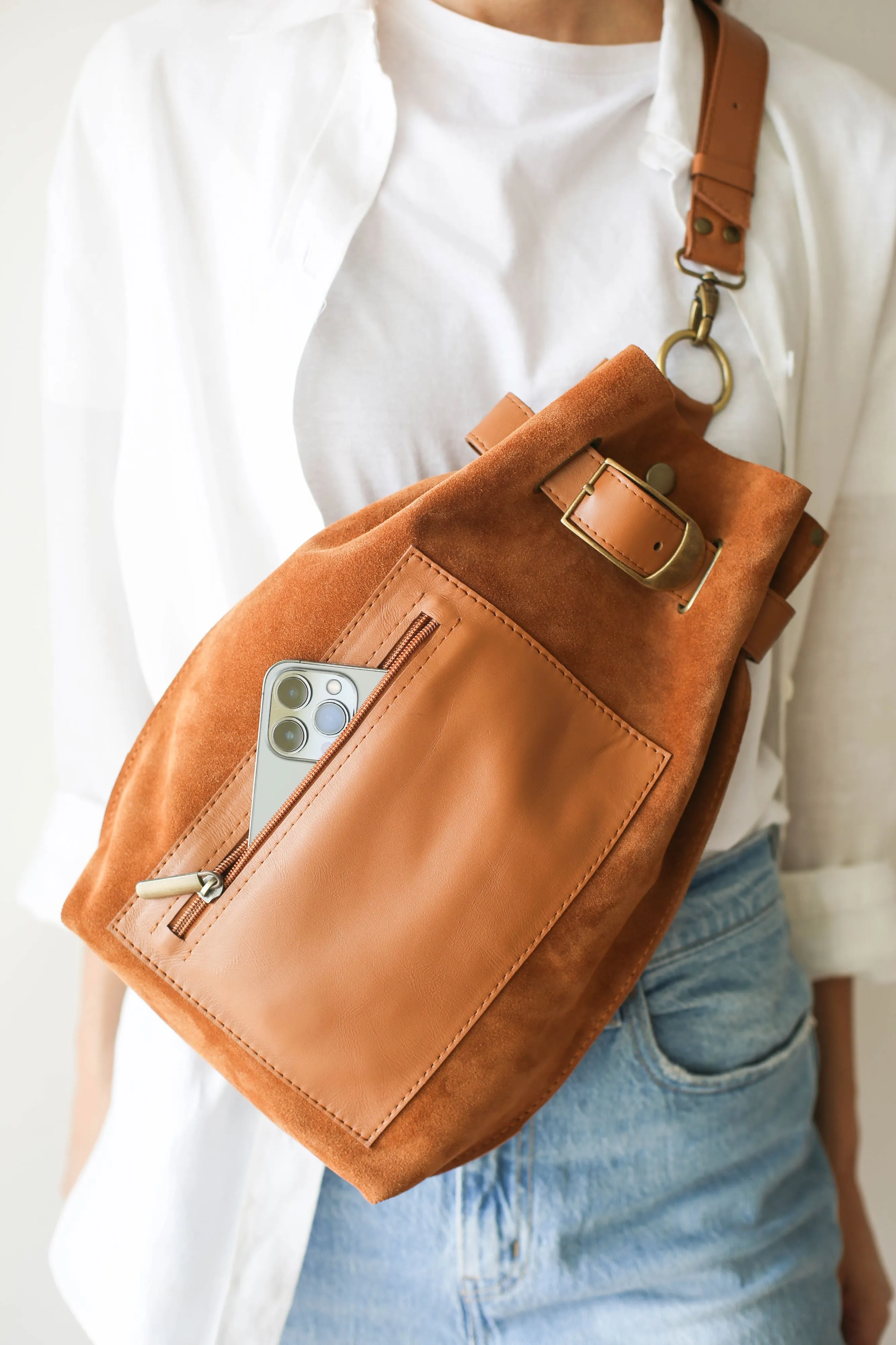 Brown Suede Sling Backpack