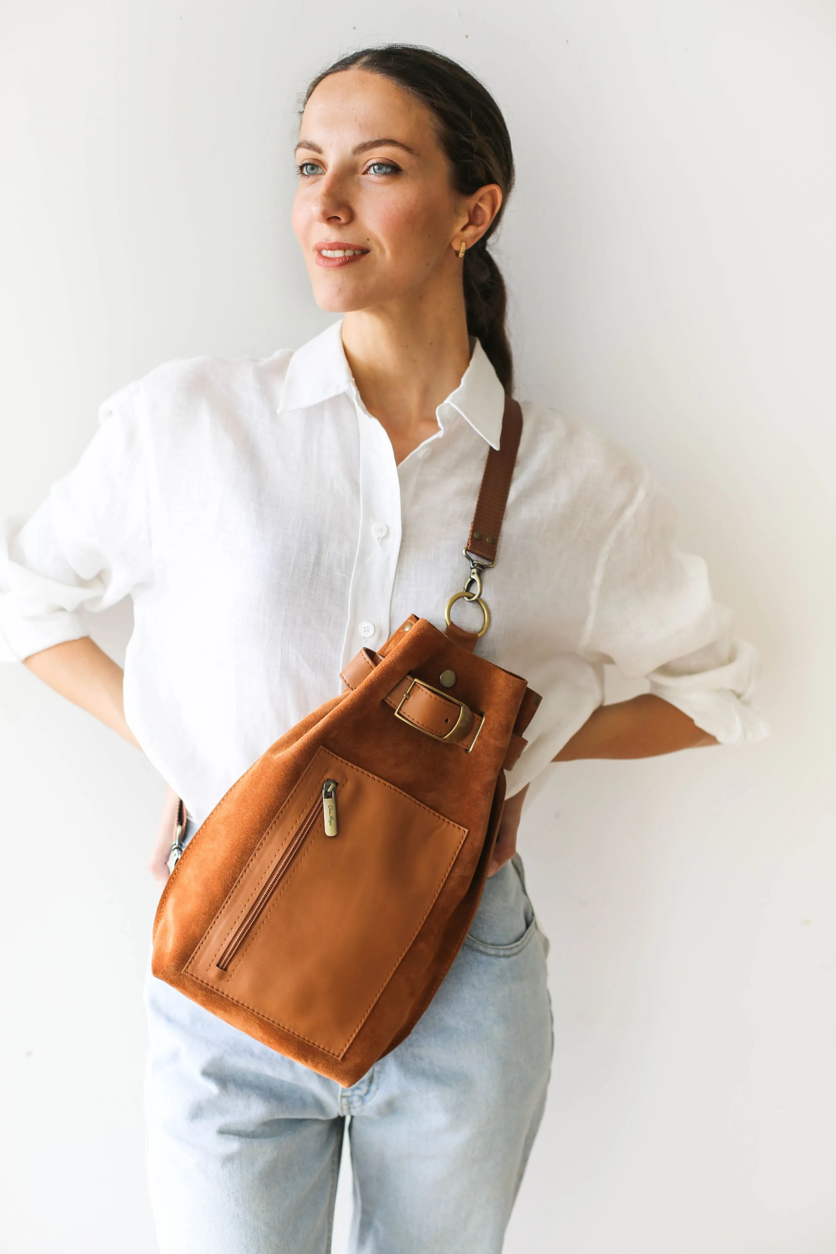 Brown Suede Sling Backpack