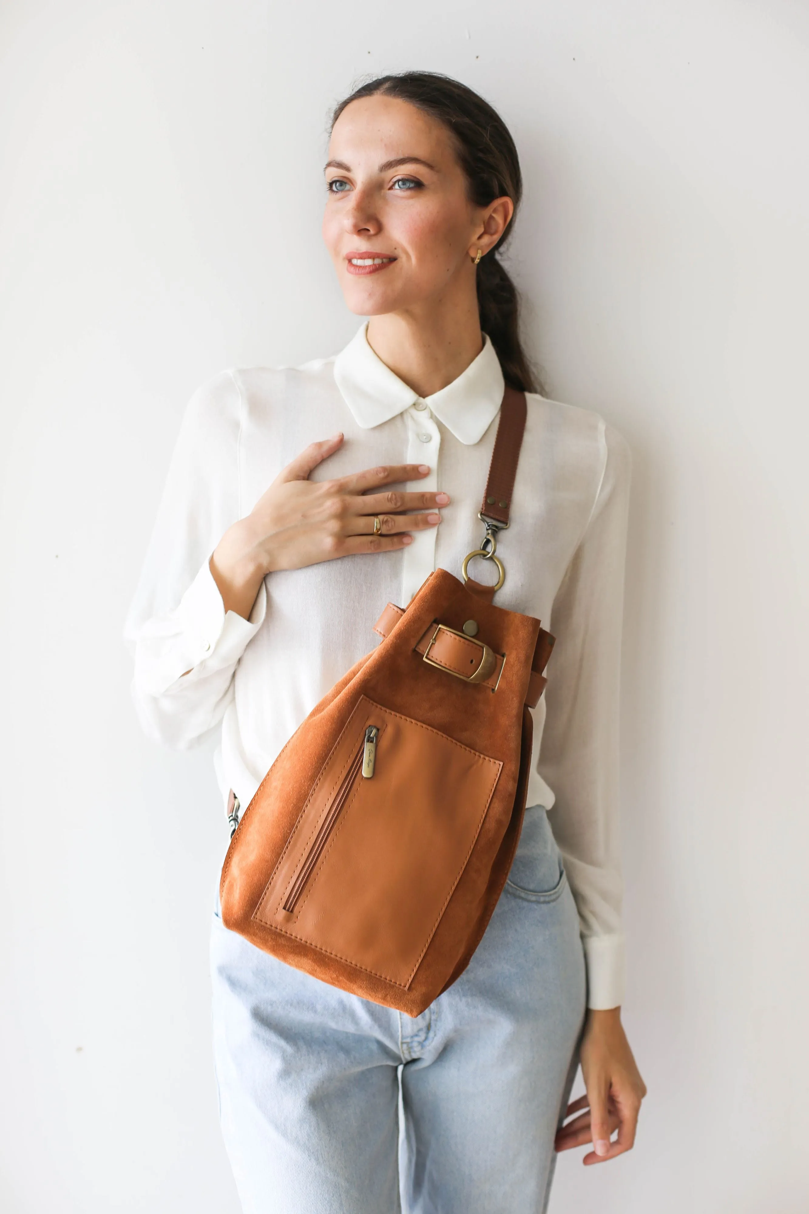 Brown Suede Sling Backpack